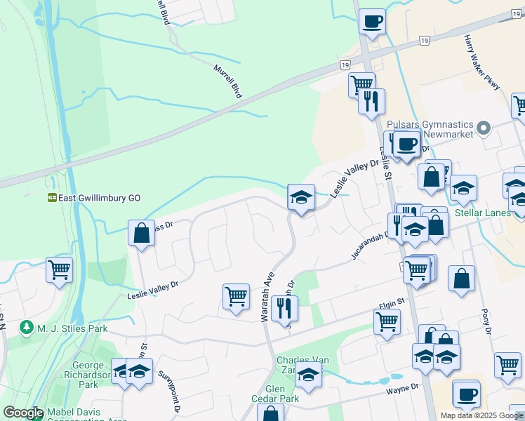 map of restaurants, bars, coffee shops, grocery stores, and more near 431 Weddel Court in Newmarket