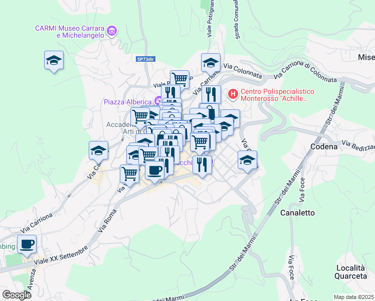 map of restaurants, bars, coffee shops, grocery stores, and more near 6D Via Diramazione per Carrara in Carrara