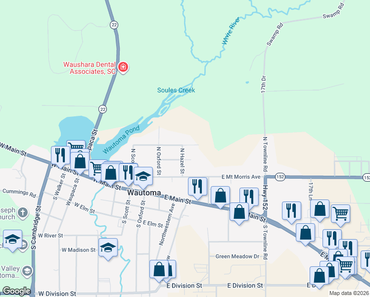 map of restaurants, bars, coffee shops, grocery stores, and more near 201 East Center Street in Wautoma