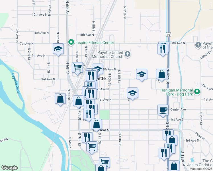 map of restaurants, bars, coffee shops, grocery stores, and more near 213 North 10th Street in Payette