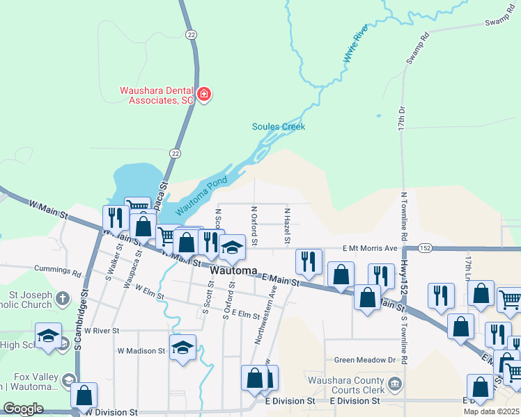map of restaurants, bars, coffee shops, grocery stores, and more near 323 North Oxford Street in Wautoma