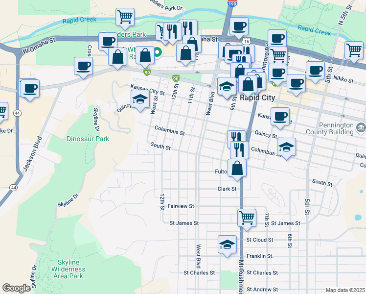 map of restaurants, bars, coffee shops, grocery stores, and more near 924 11th Street in Rapid City