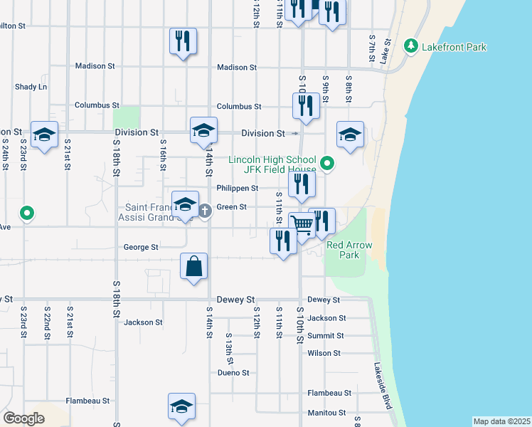 map of restaurants, bars, coffee shops, grocery stores, and more near 1115 Green Street in Manitowoc