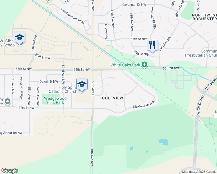 map of restaurants, bars, coffee shops, grocery stores, and more near 4814 Greenwood Lane Northwest in Rochester