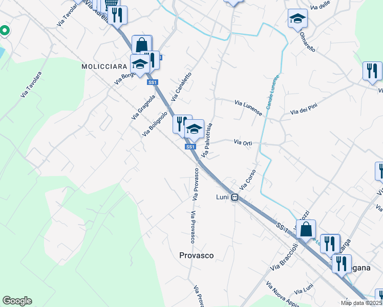 map of restaurants, bars, coffee shops, grocery stores, and more near 210 Via Aurelia in Colombiera-Molicciara