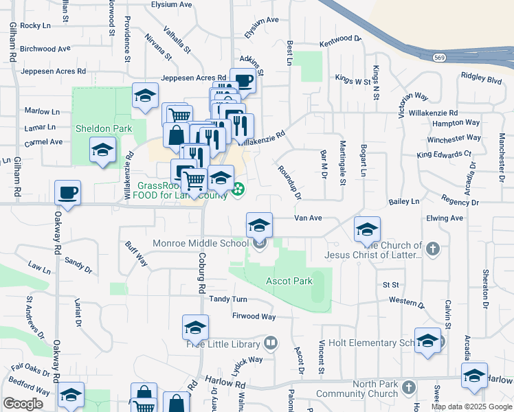 map of restaurants, bars, coffee shops, grocery stores, and more near 1446 Luella Street in Eugene