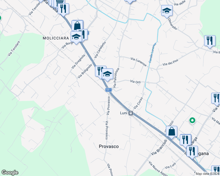 map of restaurants, bars, coffee shops, grocery stores, and more near 8B Via Palvotrisia in Colombiera-Molicciara