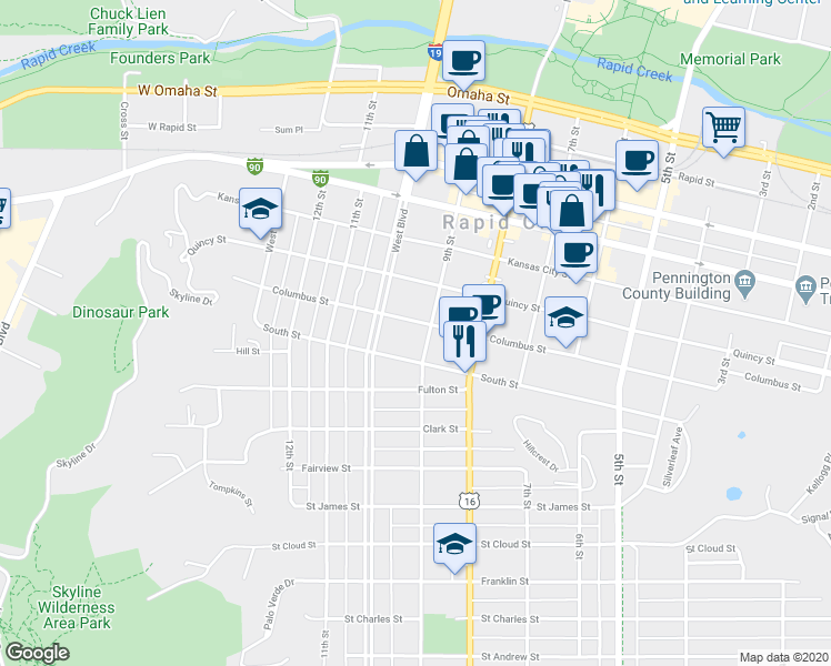 map of restaurants, bars, coffee shops, grocery stores, and more near 907 Columbus Street in Rapid City