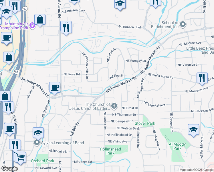 map of restaurants, bars, coffee shops, grocery stores, and more near 1226 Northeast Shane Lane in Bend