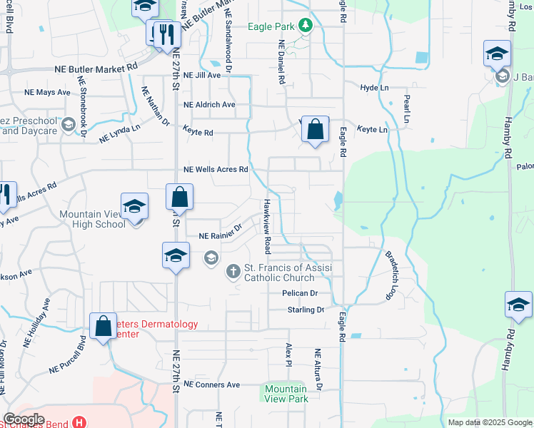map of restaurants, bars, coffee shops, grocery stores, and more near 62719 Hawkview Road in Bend