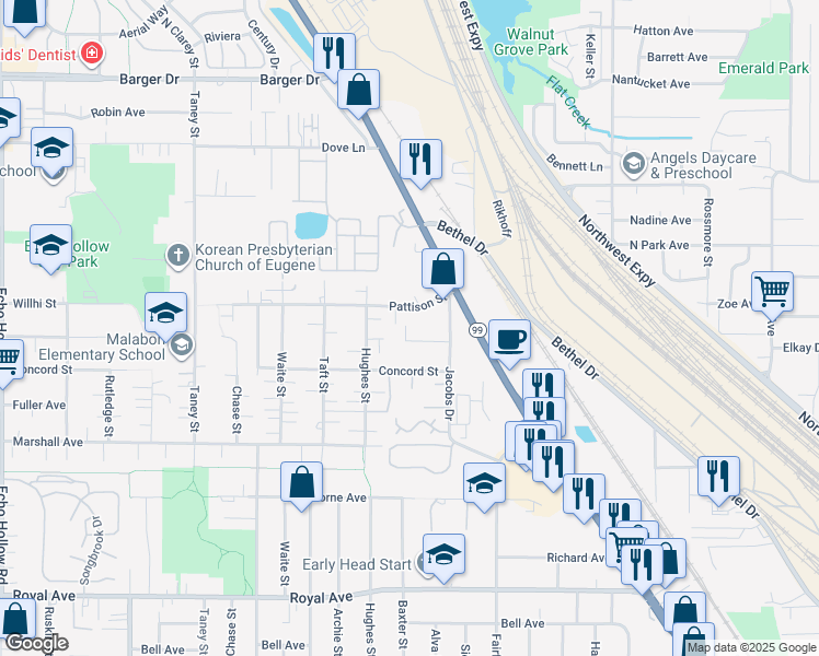 map of restaurants, bars, coffee shops, grocery stores, and more near 3454 Pattison Street in Eugene