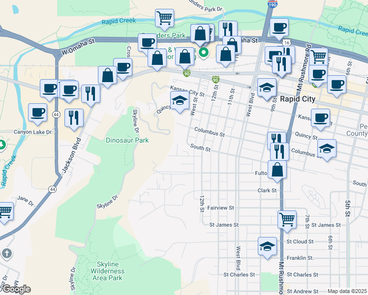 map of restaurants, bars, coffee shops, grocery stores, and more near 1227 South Street in Rapid City
