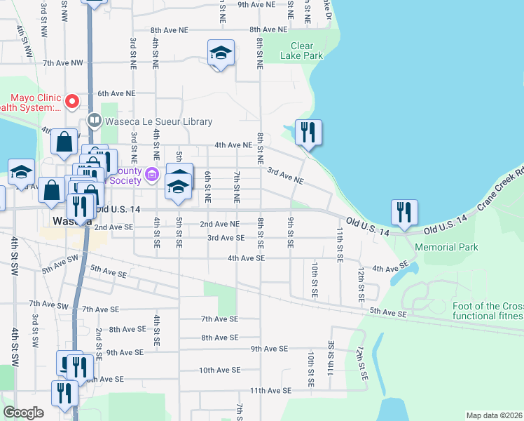map of restaurants, bars, coffee shops, grocery stores, and more near 804 East Elm Avenue in Waseca