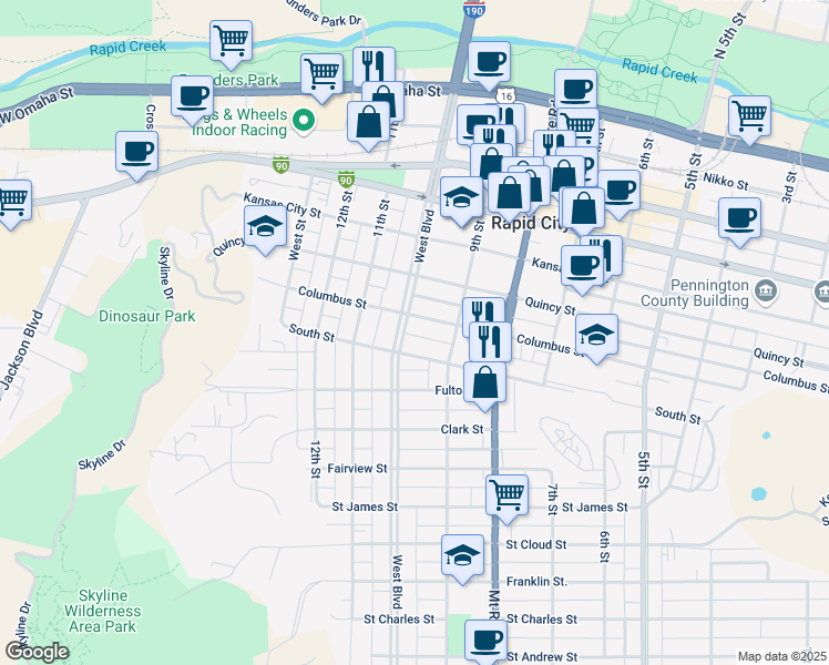 map of restaurants, bars, coffee shops, grocery stores, and more near 912 West Boulevard in Rapid City