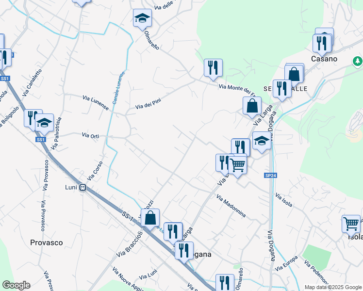 map of restaurants, bars, coffee shops, grocery stores, and more near 105 Via Bozzi in Casano