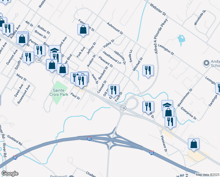 map of restaurants, bars, coffee shops, grocery stores, and more near 31 Dill Street in Lewiston