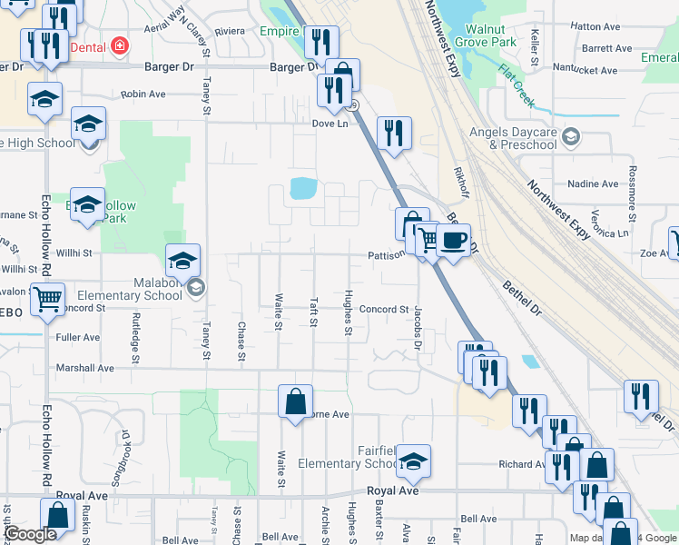 map of restaurants, bars, coffee shops, grocery stores, and more near 1390 Hughes Street in Eugene