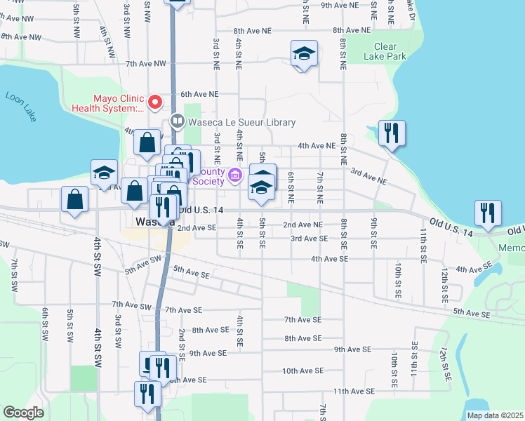 map of restaurants, bars, coffee shops, grocery stores, and more near 501 East Elm Avenue in Waseca