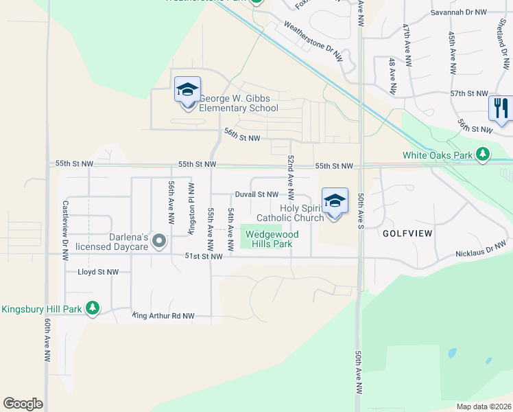 map of restaurants, bars, coffee shops, grocery stores, and more near 5310 Pinehurst Lane Northwest in Rochester