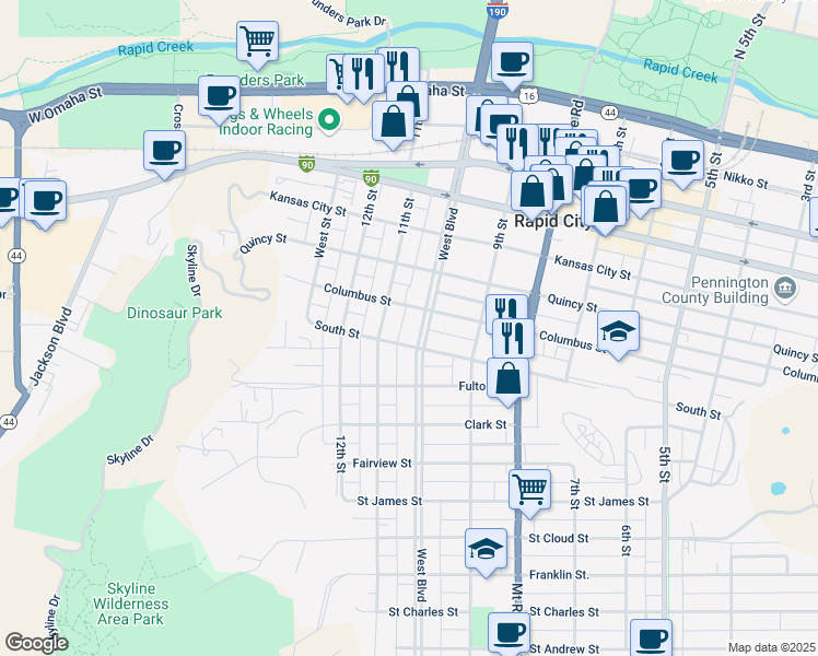 map of restaurants, bars, coffee shops, grocery stores, and more near 912 West Boulevard in Rapid City