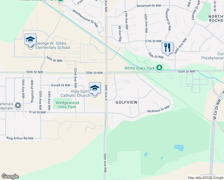 map of restaurants, bars, coffee shops, grocery stores, and more near 4915 Scattered Pines Lane Northwest in Rochester