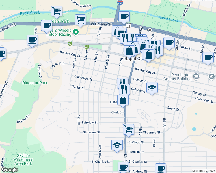 map of restaurants, bars, coffee shops, grocery stores, and more near 907 Columbus Street in Rapid City
