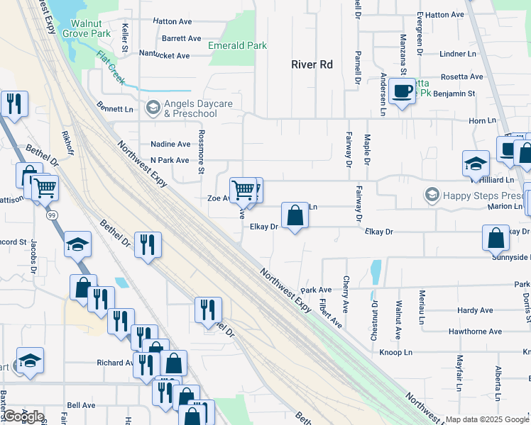 map of restaurants, bars, coffee shops, grocery stores, and more near 1576 Beebe Lane in Eugene