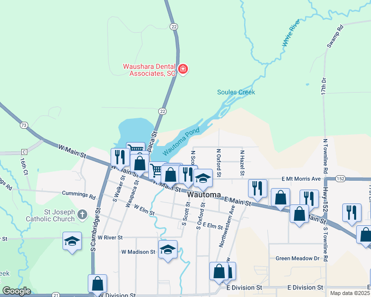 map of restaurants, bars, coffee shops, grocery stores, and more near 328 North Scott Street in Wautoma