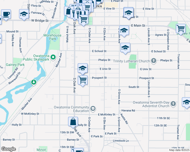 map of restaurants, bars, coffee shops, grocery stores, and more near 120 Prospect Street in Owatonna