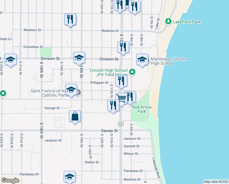map of restaurants, bars, coffee shops, grocery stores, and more near 1015 Green Street in Manitowoc