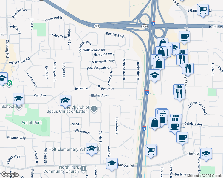 map of restaurants, bars, coffee shops, grocery stores, and more near 1186 Regency Drive in Eugene