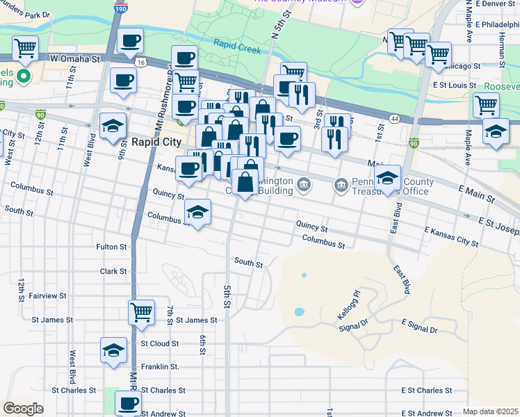 map of restaurants, bars, coffee shops, grocery stores, and more near 401 Quincy Street in Rapid City