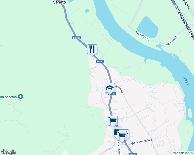 map of restaurants, bars, coffee shops, grocery stores, and more near 28 Via Visola in Ameglia