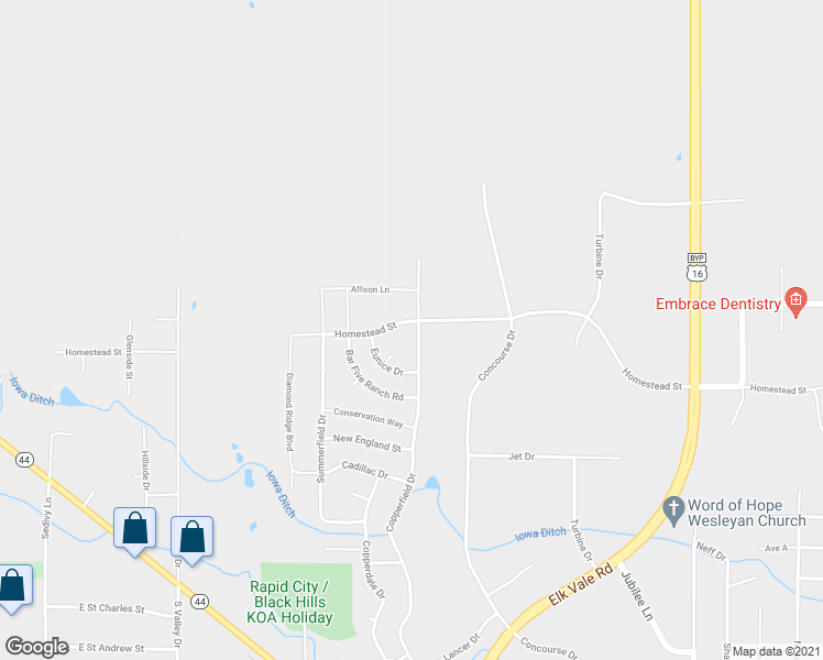 map of restaurants, bars, coffee shops, grocery stores, and more near 701 Copperfield Drive in Rapid City