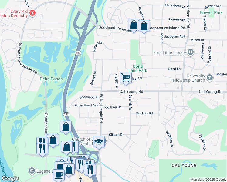 map of restaurants, bars, coffee shops, grocery stores, and more near 1080 Cal Young Road in Eugene