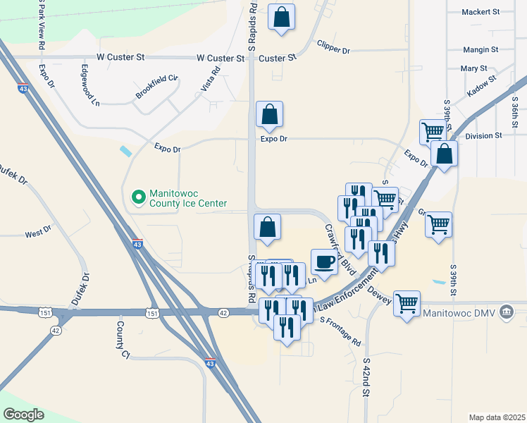 map of restaurants, bars, coffee shops, grocery stores, and more near 4411 Dewey Street in Manitowoc