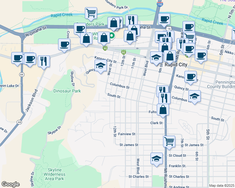 map of restaurants, bars, coffee shops, grocery stores, and more near 1118 South Street in Rapid City