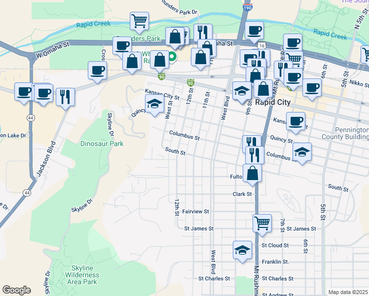 map of restaurants, bars, coffee shops, grocery stores, and more near 1118 South Street in Rapid City