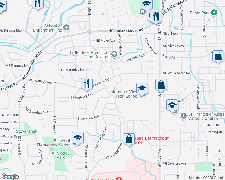 map of restaurants, bars, coffee shops, grocery stores, and more near 2807 Northeast Ocker Drive in Bend