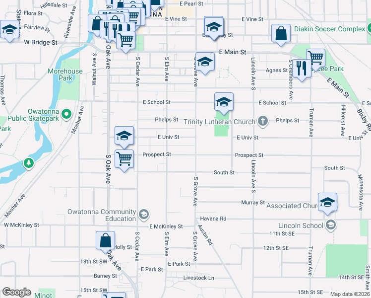 map of restaurants, bars, coffee shops, grocery stores, and more near 238 Prospect Street in Owatonna