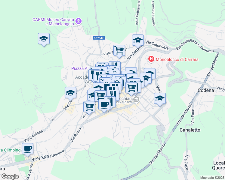 map of restaurants, bars, coffee shops, grocery stores, and more near 5 Via Roma in Carrara