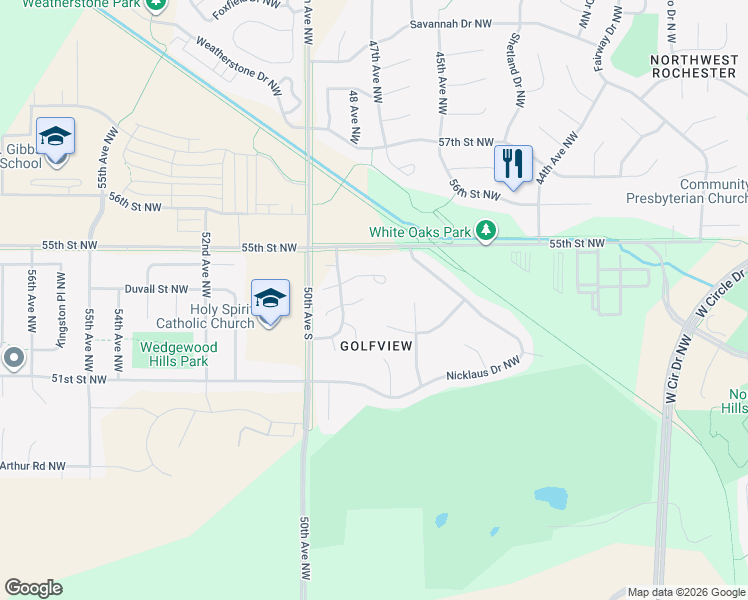 map of restaurants, bars, coffee shops, grocery stores, and more near 4814 Greenwood Lane Northwest in Rochester