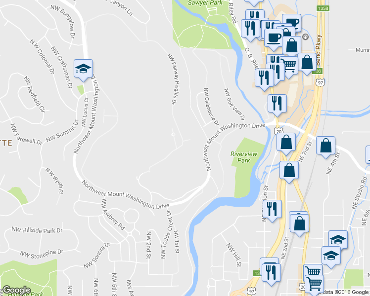 map of restaurants, bars, coffee shops, grocery stores, and more near 3407 Northwest Fairway Heights Drive in Bend