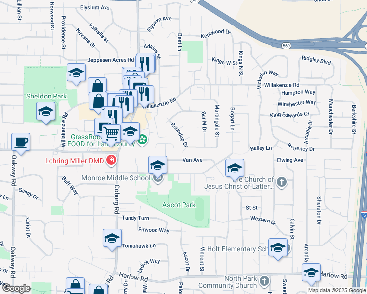 map of restaurants, bars, coffee shops, grocery stores, and more near 1386 Roundup Drive in Eugene