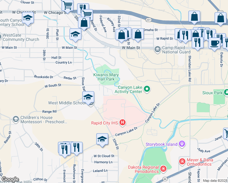 map of restaurants, bars, coffee shops, grocery stores, and more near 3305 West South Street in Rapid City