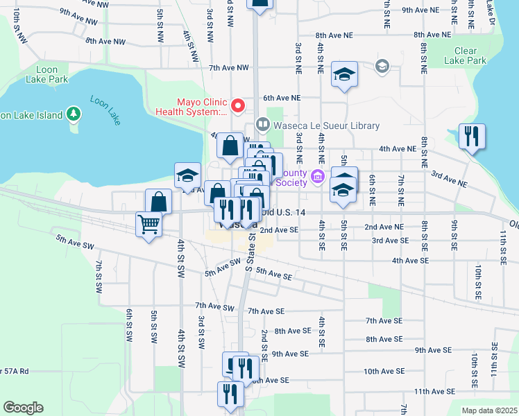 map of restaurants, bars, coffee shops, grocery stores, and more near 108 East Elm Avenue in Waseca