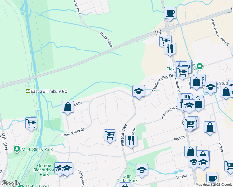 map of restaurants, bars, coffee shops, grocery stores, and more near 880 Leslie Valley Drive in Newmarket