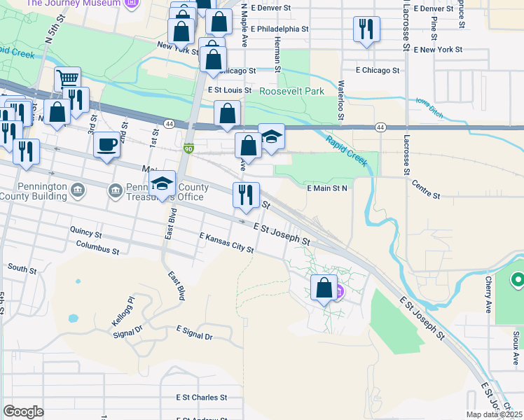 map of restaurants, bars, coffee shops, grocery stores, and more near 231 East Main Street in Rapid City