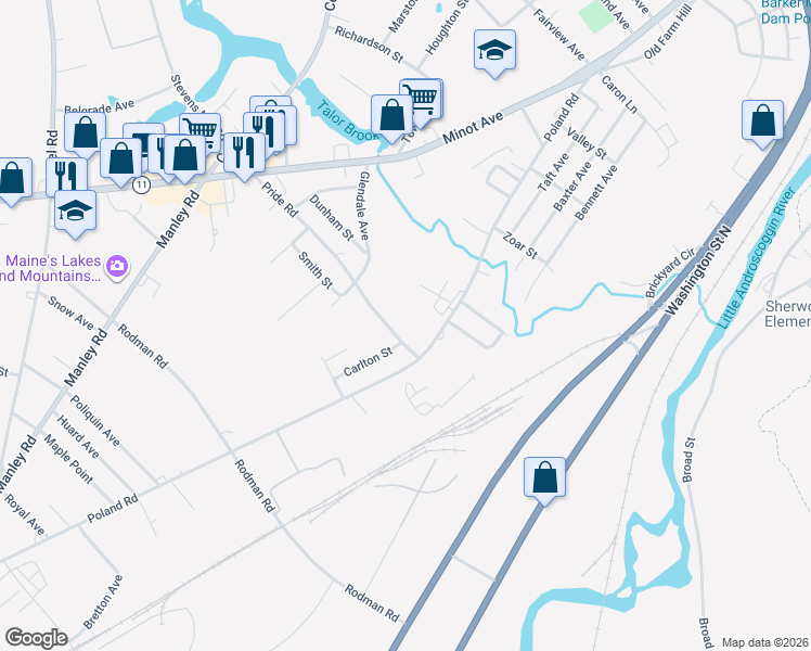 map of restaurants, bars, coffee shops, grocery stores, and more near 194 Pride Road in Auburn