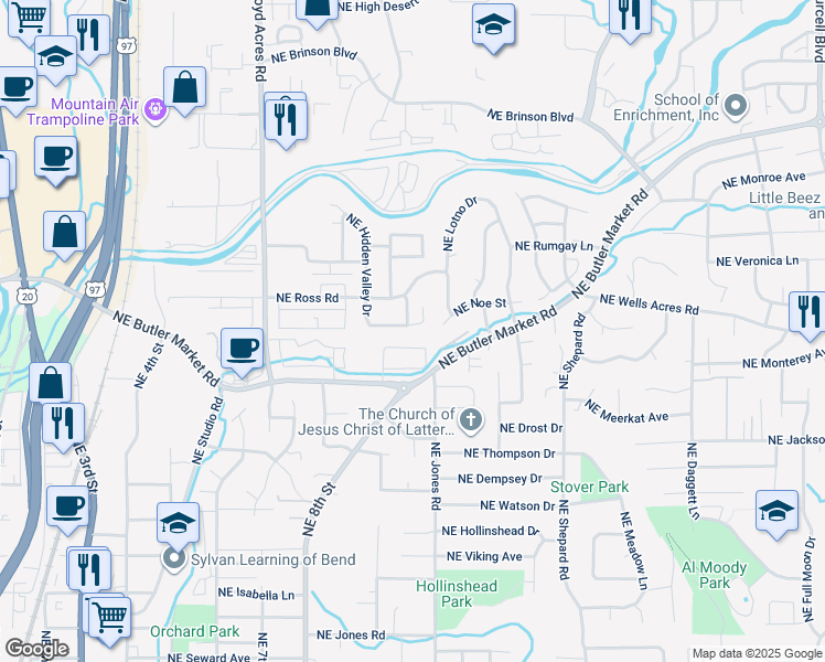 map of restaurants, bars, coffee shops, grocery stores, and more near 1027 Northeast Hidden Valley Drive in Bend